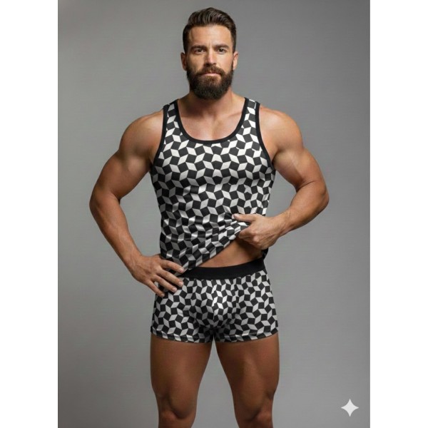 3D Küp Desen Boxer ve Tank Top Takım