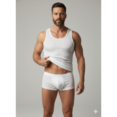 Delikli File Kumaş Boxer ve Tank Top Erkek İç Giyim Set