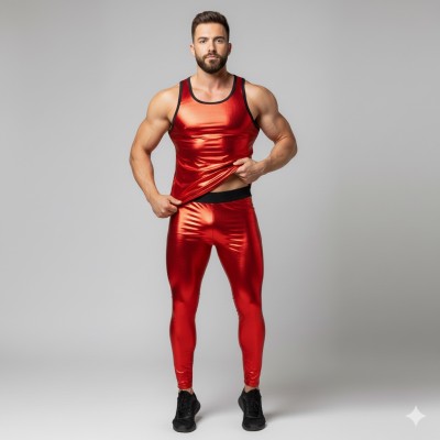 Erkekler İçin Kırmızı Metalik Tayt Takım